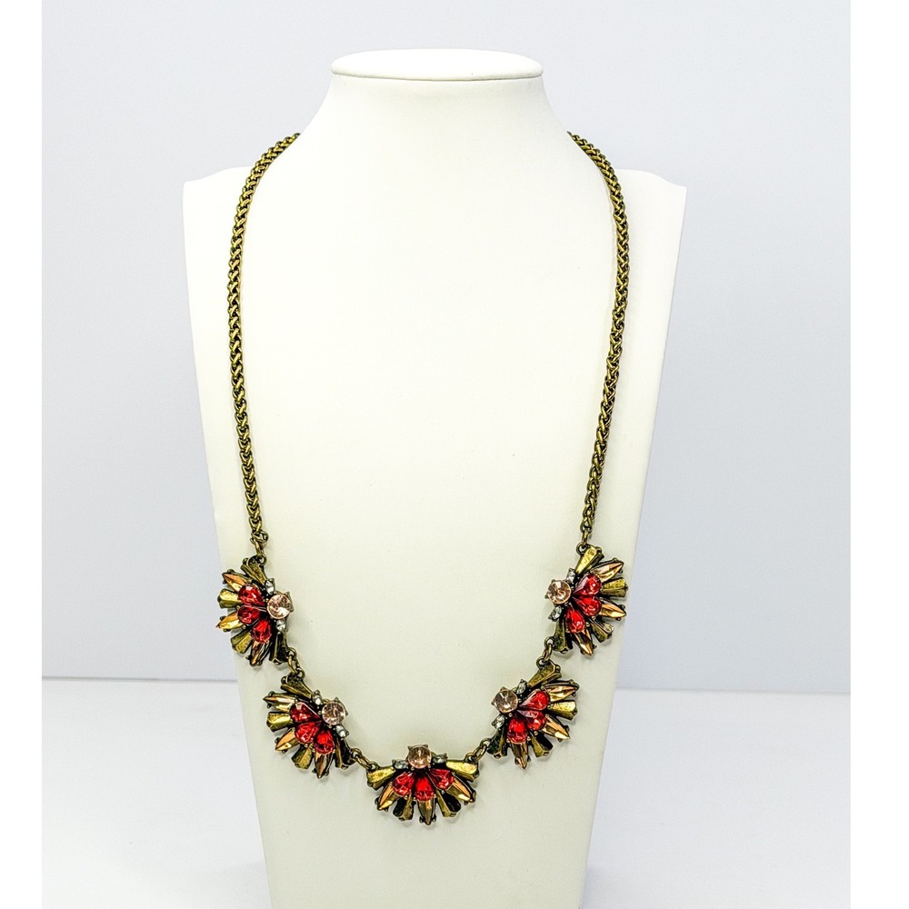 Antique Brass Statement Necklace Red Amber Crystal Floral Cluster Bib Chic Goth